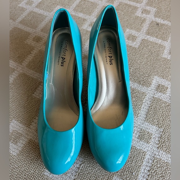 Comfort Plus Patent Round Toe Mid Heel Pumps Office Cocktail Turquoise Blue 11W - Picture 8 of 9